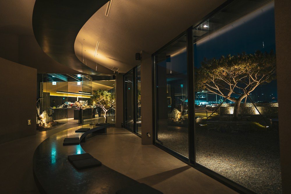 Ambiente moderno com jardim iluminado à noite