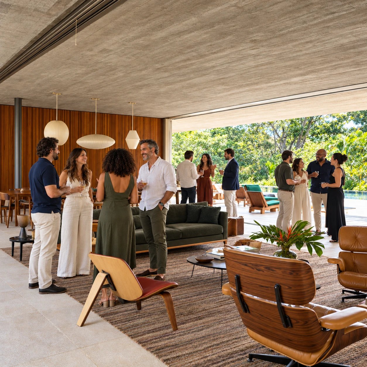 Grupo conversando em uma sala ampla e moderna, aberta para o jardim